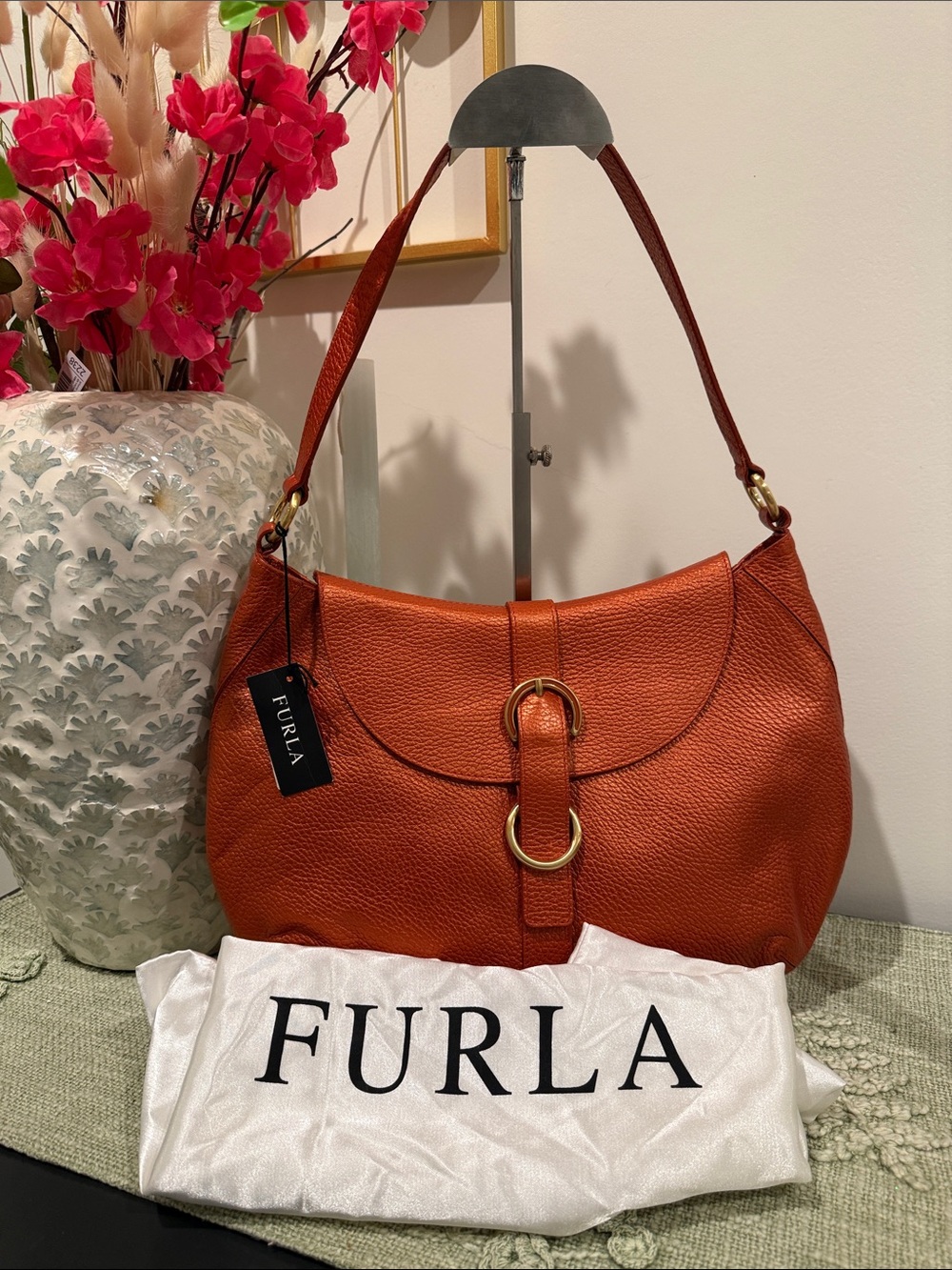 Furla Pebbled Leather Shoulder hobo Bag in Burnt Orange / bronze
